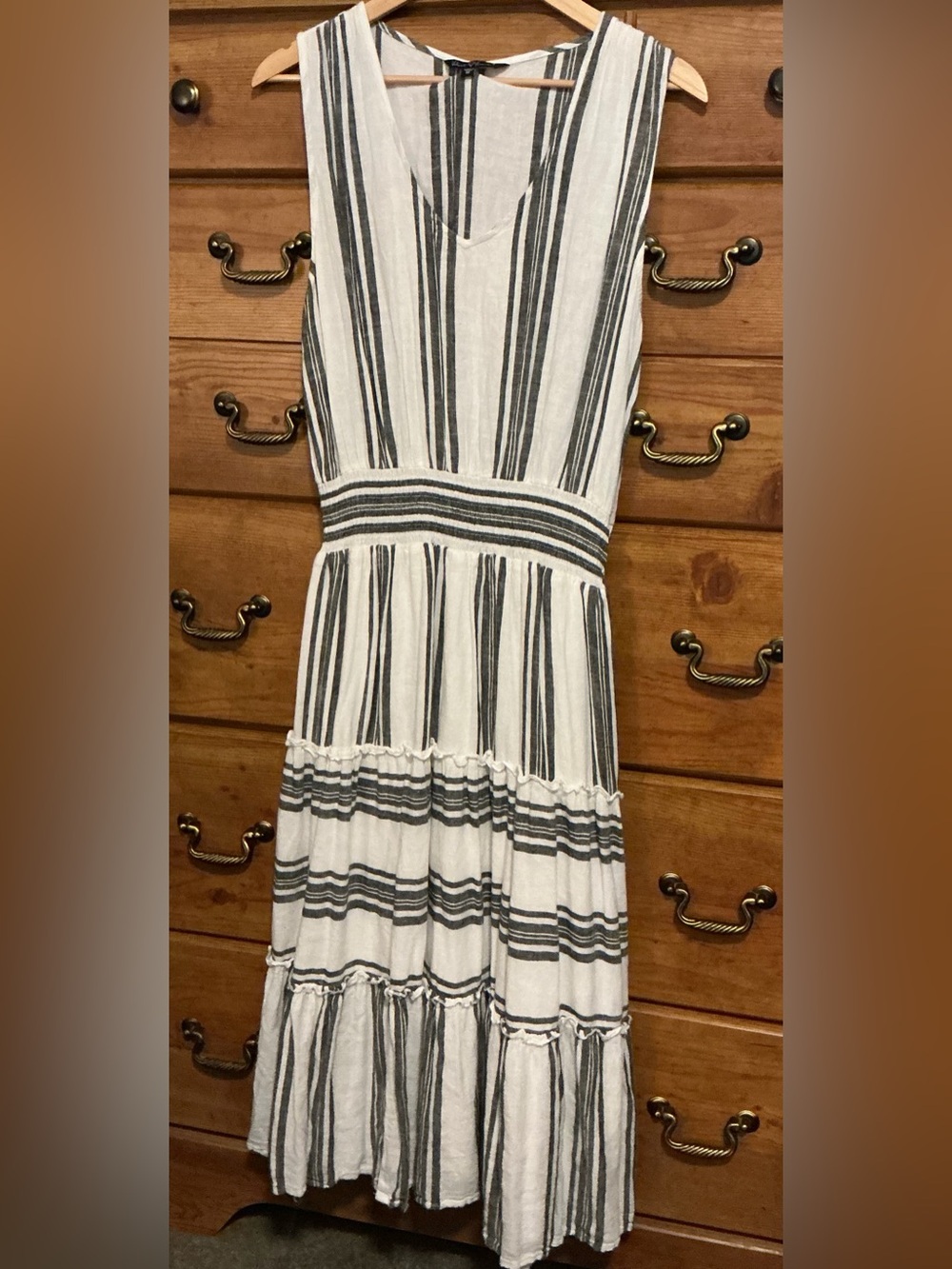 Velvet Heart White and Gray Striped V-Neck Maxi Dress